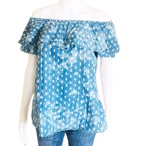 MAX JEANS (Nordstrom) Off Shoulder Distressed Denim Top/Blouse Jean Blue Medium